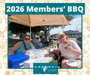 EmpowerNL staff and members eat at the 2026 BBQ. Title reads 2026 Members' BBQ. The EmpowerNL logo is centered at the bottom.