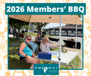 EmpowerNL staff Nina and Sharon sit at the registration desk for the 2026 BBQ. Title reads 2026 Members' BBQ. The EmpowerNL logo is centered at the bottom.